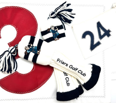 NEW! THE FRIARS GOLF CLUB COLLECTION - MINI TASSEL White  & Navy  w/ MONK MAN logo - Select Fairway or Hybrid size